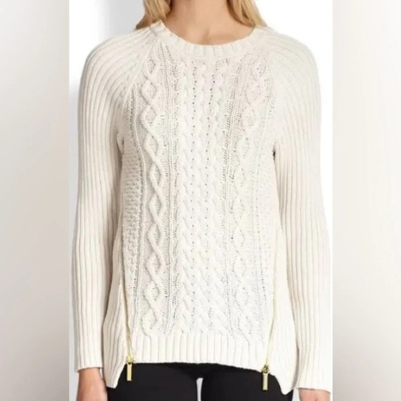 Michael Michael Kors White Cable Knit Chunky Sweater w/ gold zippers on side - Picture 1 of 4